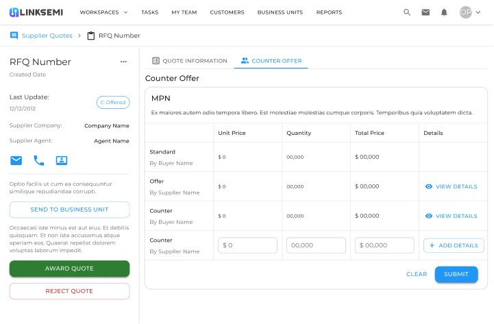 Manage all RFQs and orders through your dashboard. Utilize LinkSemi’s tools to efficiently sort and compare offers, considering factors such as price and delivery. Engage in negotiations with your suppliers, analyze the received offers, and ultimately award the best order with ease.